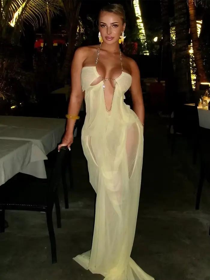 Nibber Bal Večerné Šaty Pre Ženy Sexy Priesvitné Luxusné Retiazkové Halter Výstrih Nízky Chrbát Odkrytý Bez Rukávov