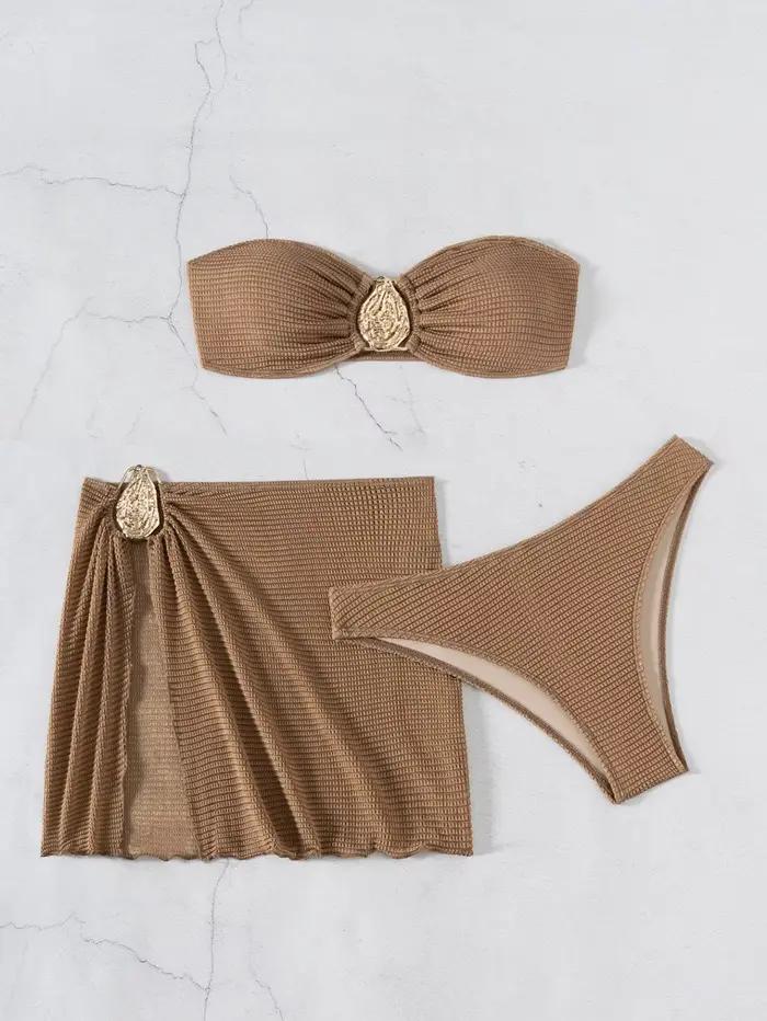 2025 Nový Sexy Trojdielny Bikini Set pre Ženy - Pevné Bandeau Plavky s Odhaleným Chrbtom