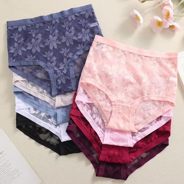 FINETOO Lot de 4 culottes taille haute en dentelle florale pour femme, couleur unie, respirantes, confortables, lingerie transparente