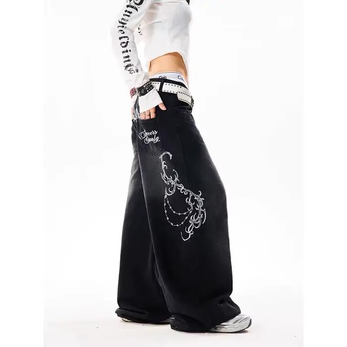 YIBASHU Dámske Vintage vyšívané Y2K Baggy džínsy s vysokým pásom 2000s široké nohavice Denim