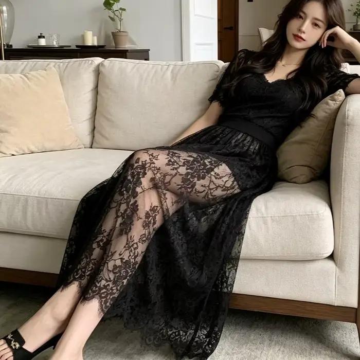 Čipka Jacquard priehľadná sukňa pre ženy leto nová vysoký pás Sexy dlhé sukne ležérne Streetwear móda čierna
