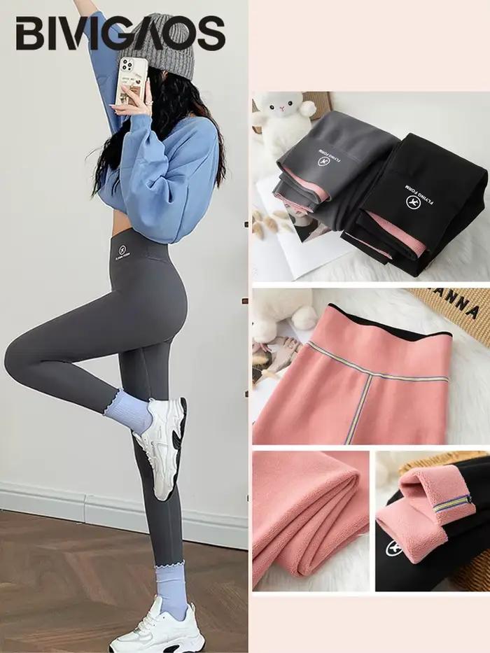 BIVIGAOS jesenné zimné ružové zamatové žraločie Legíny pre ženy fleece vysoký pás hrubé teplé