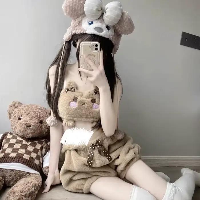 Fille japonaise Kawaii Lolita moelleux Push Up soutiens-gorge slips femmes mignon fourrure dessin animé soutien-gorge nœud ABDL Bloomers Sissy Lingerie intime
