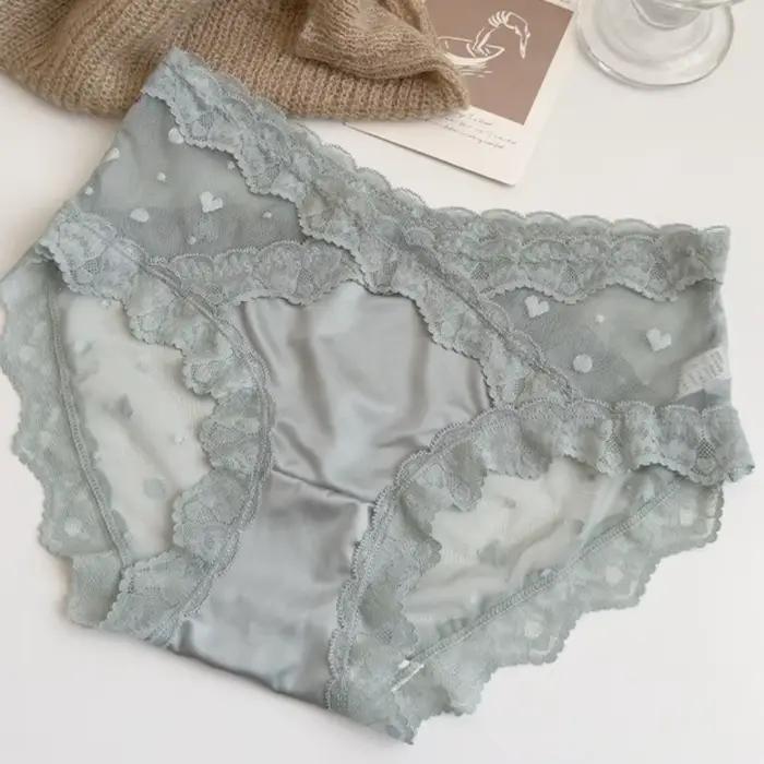 Culottes en satin de soie à fleurs en dentelle, taille basse, style français, motif cœur, transparentes en maille, pour femme
