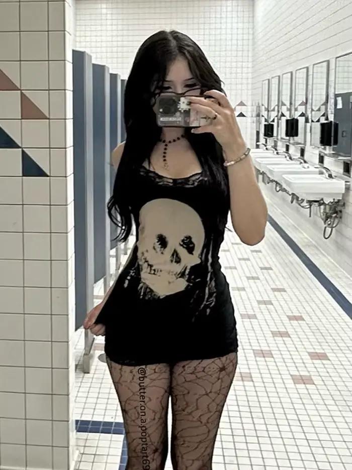 Cyber Punk gotické šaty pre ženy Streetwear Harajuku potlač lebky bez rukávov vysoký pás priliehavé