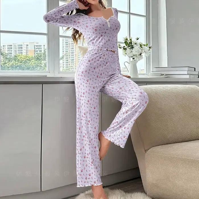 Ensemble pyjama pour femmes, doux et confortable, imprimé Floral, sexy, haut à manches longues et pantalon, vêtements de nuit, ensemble deux pièces, vêtements de maison
