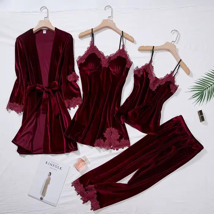 Ensemble de pyjama en polyester luxueux pour femmes avec col en V pour les nuits froides et les occasions spéciales