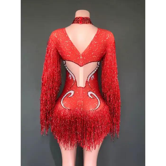 Nouvelle tenue de spectacle de danse pour femmes, costume de fête d'anniversaire, combinaison transparente de luxe grise à franges, strass argentés et perles