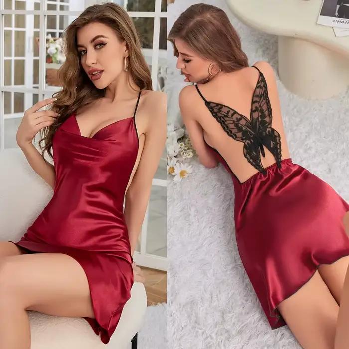 Chemise de nuit d'été en soie unie, col en v, vêtements de nuit pour femmes, bretelles croisées papillon, dos nu, Mini robe fine