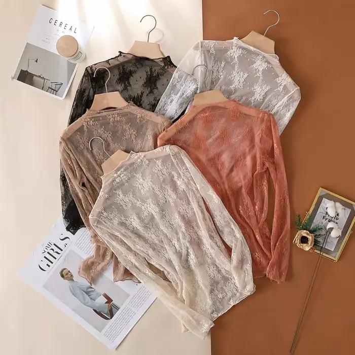 T-Shirts en maille pour femmes, chemisier en dentelle transparente, manches longues, hauts transparents pour femmes, chemise à bascule, T-Shirts transparents, haut court