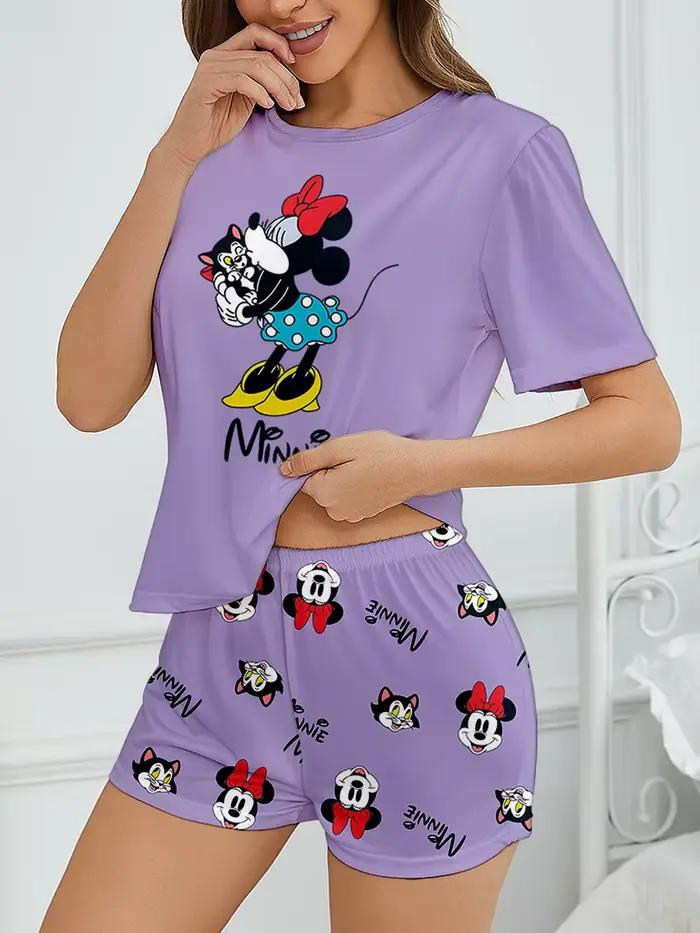 Pyjama 2 pièces pour femmes, haut à manches courtes et short à motif de dessin animé Disney Minnie, vêtements de maison