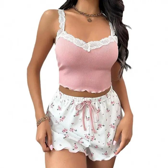 Pyjama femme patchwork sexy sans manches shorts col V pour automne confortable et élégant nuit