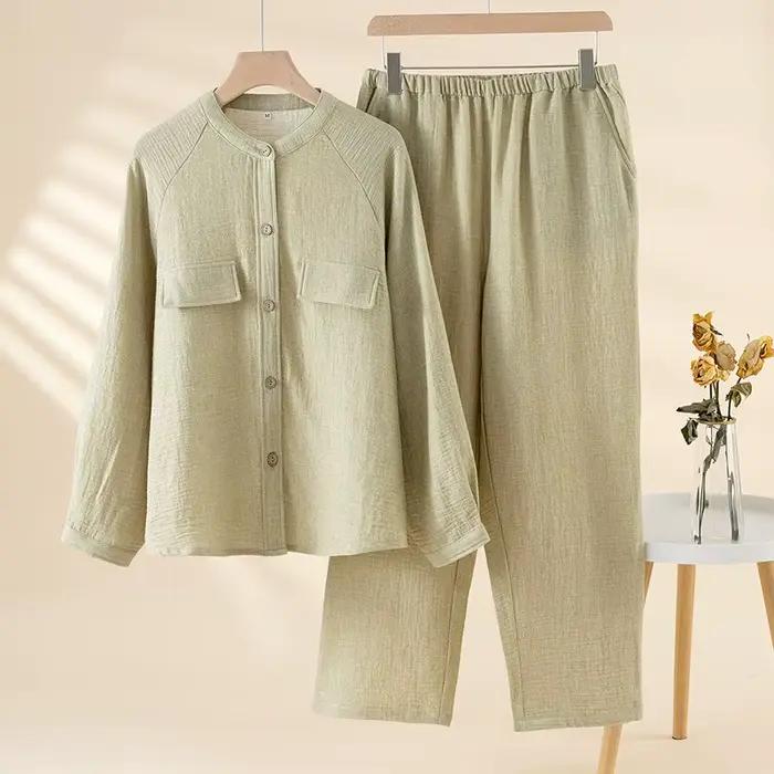 2025 coton et lin pyjamas pour femmes automne à manches longues pantalon ensemble de vêtements de détente col montant couleur unie Pijama 2 pièces