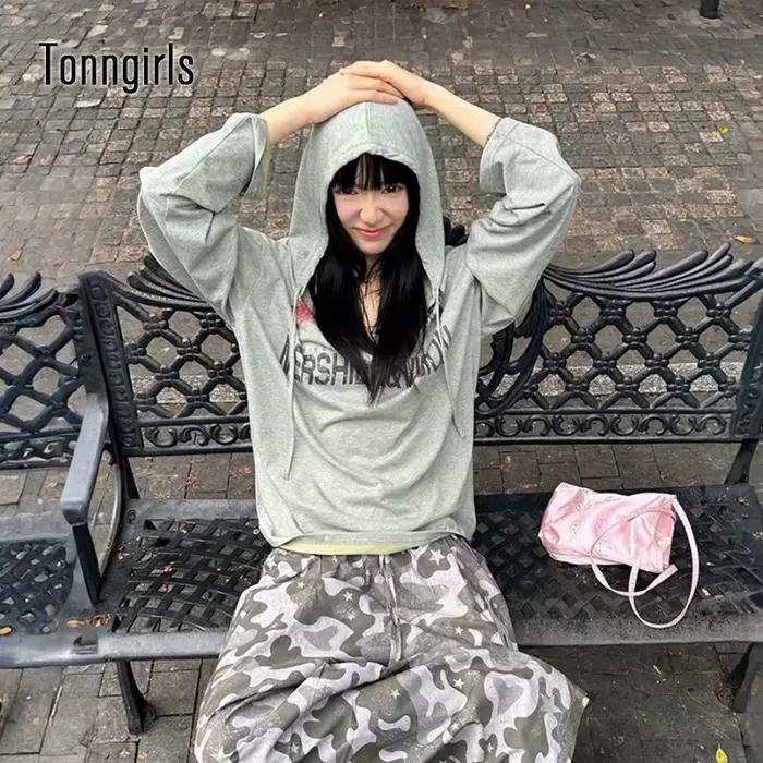 Tonngirls Y2k Vintage Tričko pre ženy ležérne voľné s grafickou potlačou kapucňa japonské 2000 roky Grunge