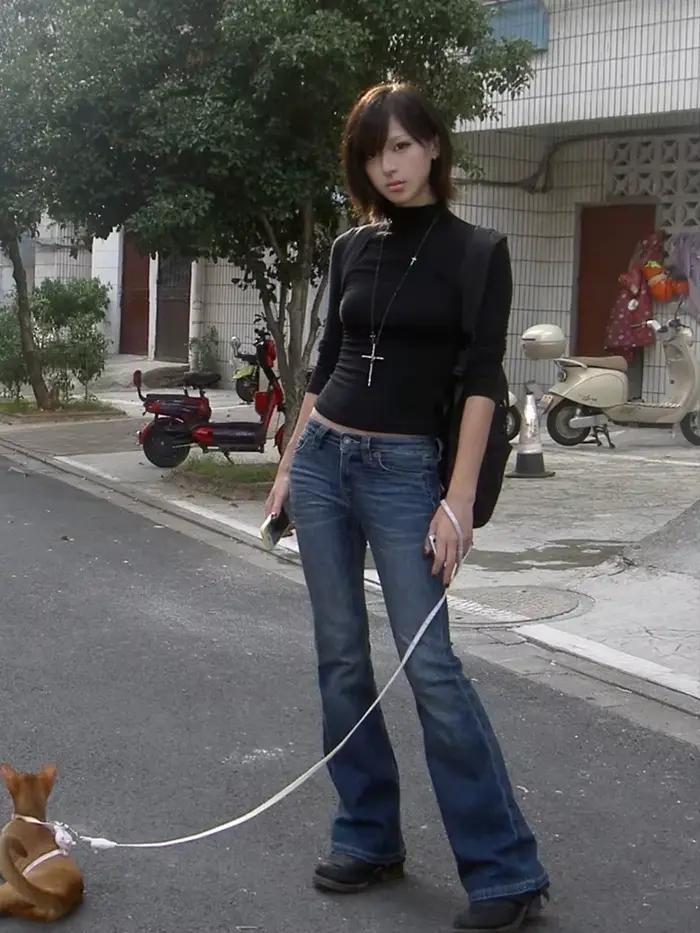 Tonngirls Y2k Japonské tričko pre ženy s dlhým rukávom čierny polovičný rolák