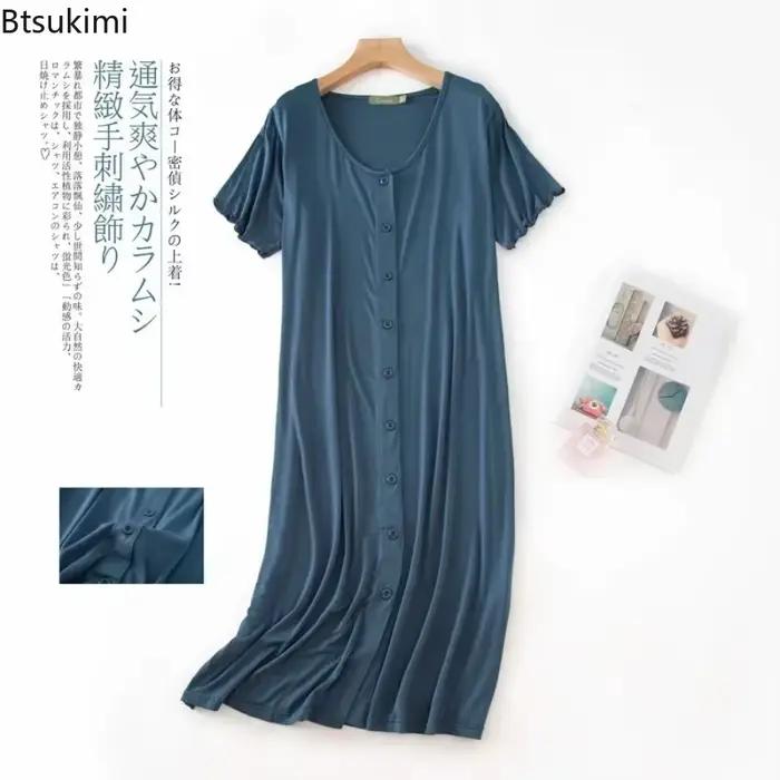 Nouveau Modal à manches courtes mi-long hauts de nuit robe de nuit avec bouton pour les femmes vêtements de nuit coton Cardigan grande taille robe de nuit