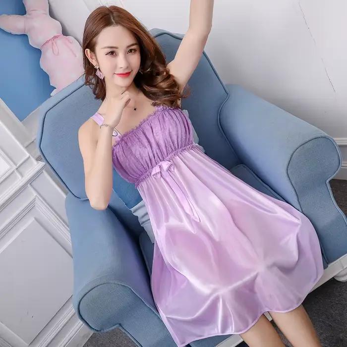 DAIMELU chemise de nuit en soie glacée femmes été mince sexy dentelle sans manches taille fraîche robe mi-longue pyjama chemise de nuit