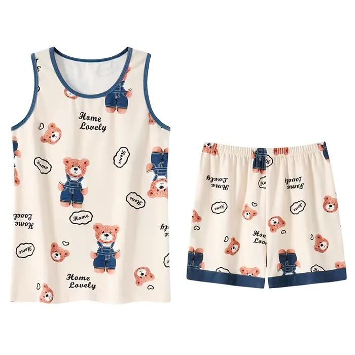 Ensembles de pyjama d'été pour femmes, vêtements de maison en coton tricoté, gilet de dessin animé mignon avec coussinet de poitrine
