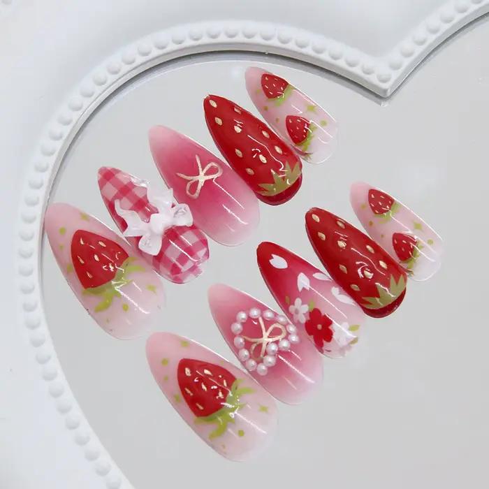 24 ks Ins 3D motýliky press-on nechty mäkké jahodové ružové kárované mandľové falošné