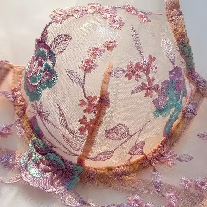 Ensemble soutien-gorge et culotte brodés pour femme, couleur pastel, avec armatures, bonnet supérieur fin, sans couture, pour usage quotidien