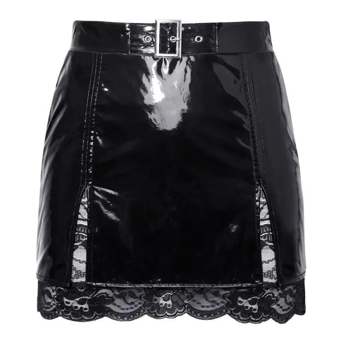 Mini-jupe moulante en latex pour femme, en similicuir PU brillant, avec fente, effet mouillé, style clubwear, doublure en dentelle florale, taille haute, jupe à volants