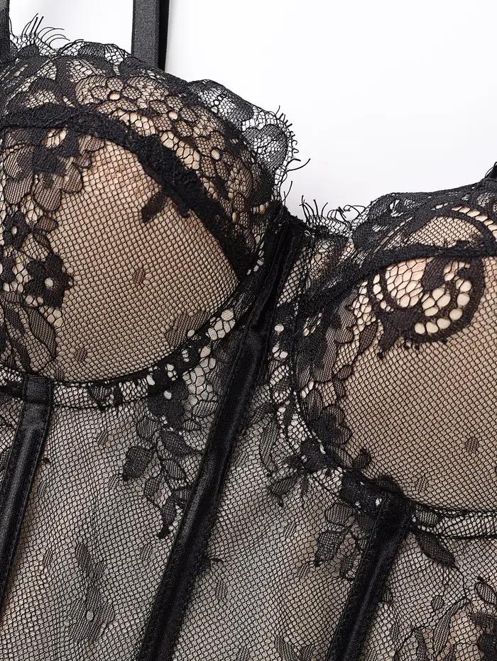 Corset pour femme noir à dentelle florale, bretelles fines réglables, dos en satin à lacets, deux options de couleur