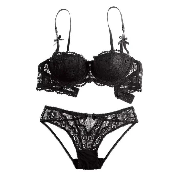 Ensemble cadeau de Lingerie de noël Sexy, dentelle noire transparente, demi-tasse, soutien-gorge et culotte, Ultra fin, transparent, grand sous-vêtements Tushy, cadeau de noël