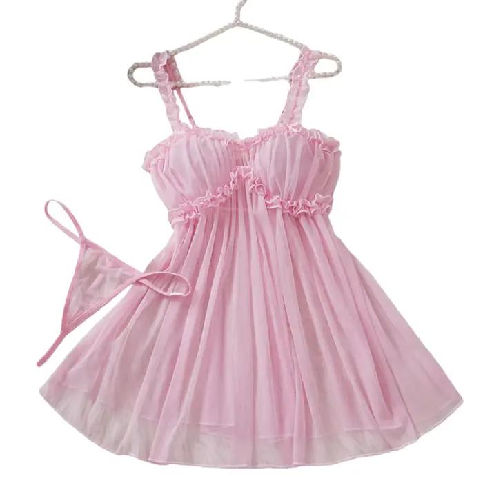 Chemise de nuit en dentelle rose pour femmes, robe de nuit douce de style féerique, vêtements de maison respirants, pyjama