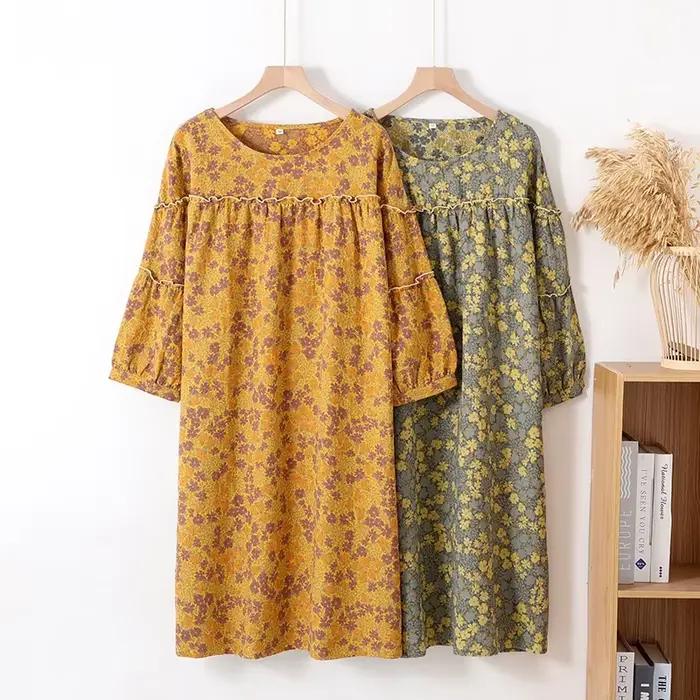 Robe de nuit en coton jacquard rétro pour femme, robe de nuit fine, manches trois quarts, longueur moyenne, printemps et automne
