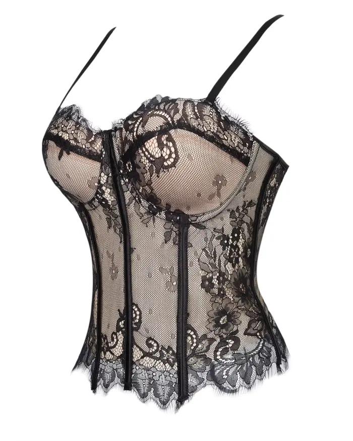 Corset pour femme noir à dentelle florale, bretelles fines réglables, dos en satin à lacets, deux options de couleur