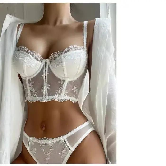 Soutien-gorge long en dentelle brodée demi-coupe style français rétro, ensemble lingerie sexy gainant galbant 32-38