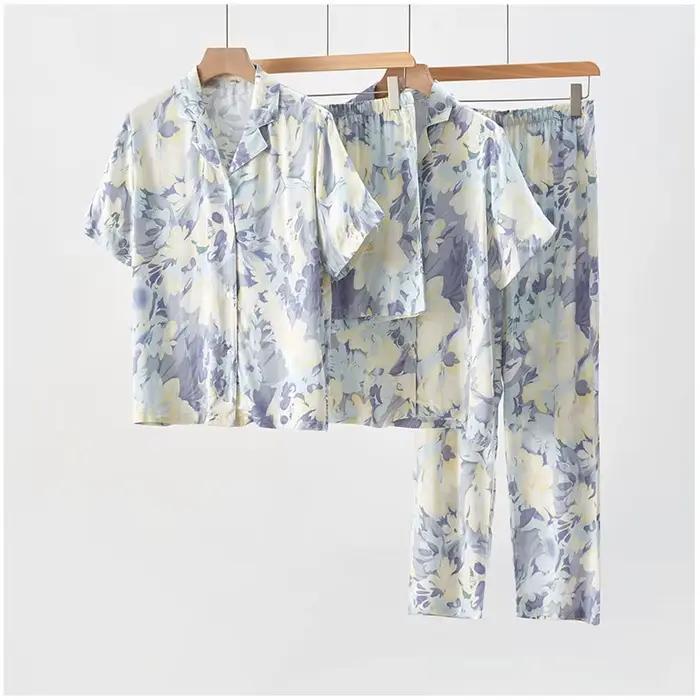 Femmes deux pièces printemps été pyjamas costumes fleur imprimé à manches longues Pijama matériel confortable Satin hauts avec pantalon pyjamas