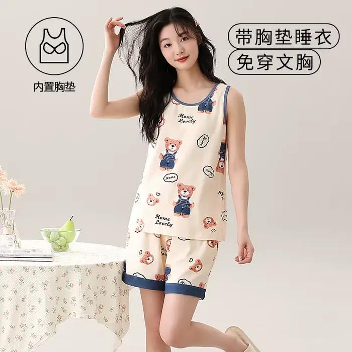 Ensembles de pyjama d'été pour femmes, vêtements de maison en coton tricoté, gilet de dessin animé mignon avec coussinet de poitrine