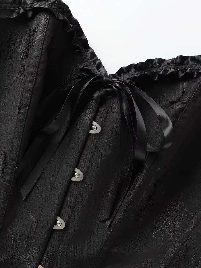 Corset élégant noir en jacquard avec volants, boucle avant et liens arrière, idéal pour les soirées, corset sculptant