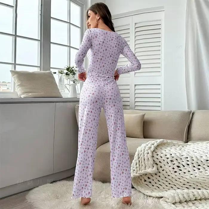 Ensemble pyjama pour femmes, doux et confortable, imprimé Floral, sexy, haut à manches longues et pantalon, vêtements de nuit, ensemble deux pièces, vêtements de maison