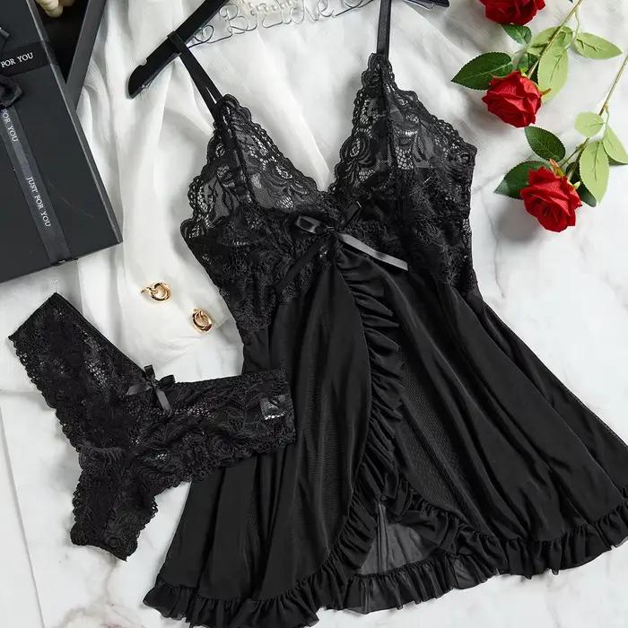 Chemise de nuit en Tulle bleu pour femmes, bretelles en dentelle, col en v, Lingerie, sous-vêtements, Mini robe transparente, ensemble string, chemises de nuit