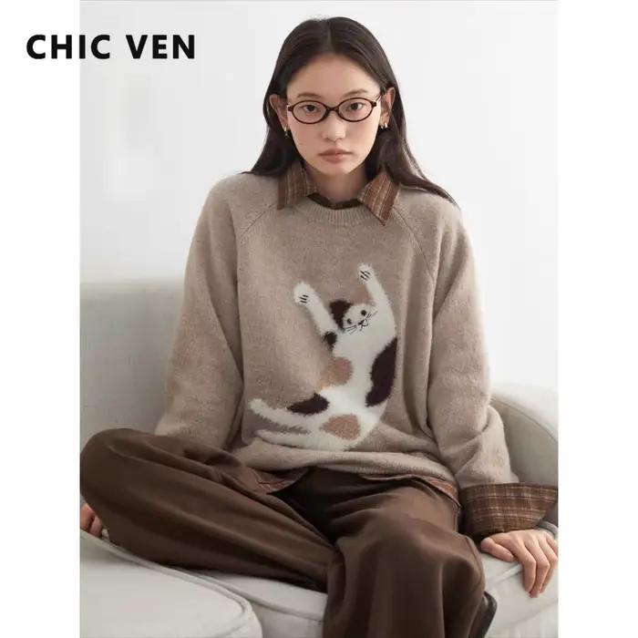 CHIC VEN dámske voľné svetre s výstrihom do O