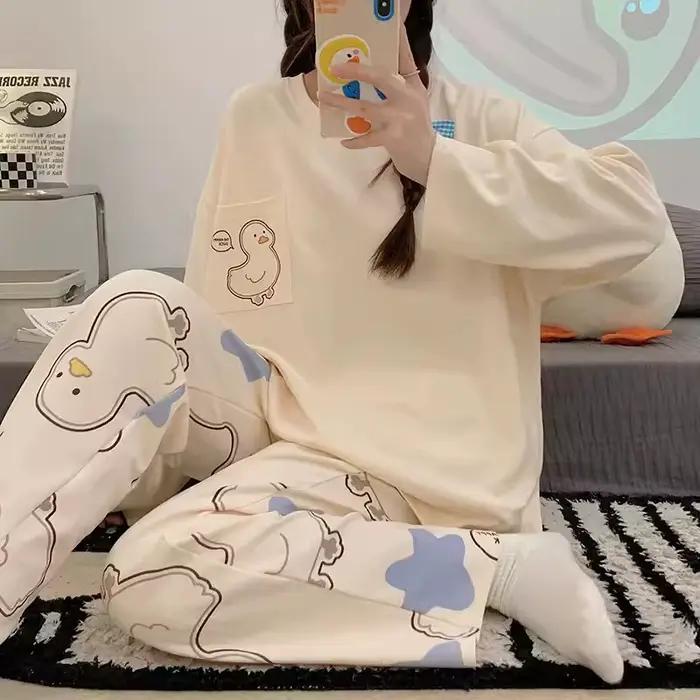 Pyjama coréen pour étudiants, 2 pièces, femme, Cinnamoroll, printemps et automne, doux et mignon, col rond, manches longues, ensemble de vêtements d'anime pour la maison