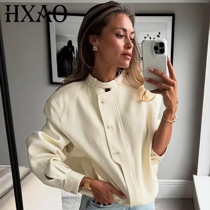 HXAO 2025 Dámska bomber bunda jeseň zima gombík oversized vonkajšie oblečenie Béžová s dlhými rukávmi top nový