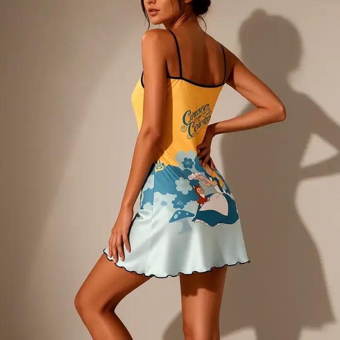 Chemise de nuit en satin imprimé série Disney Princess pour femmes, robe de nuit tendance pour dames, robe de nuit Kawaii, jolie mini robe de nuit