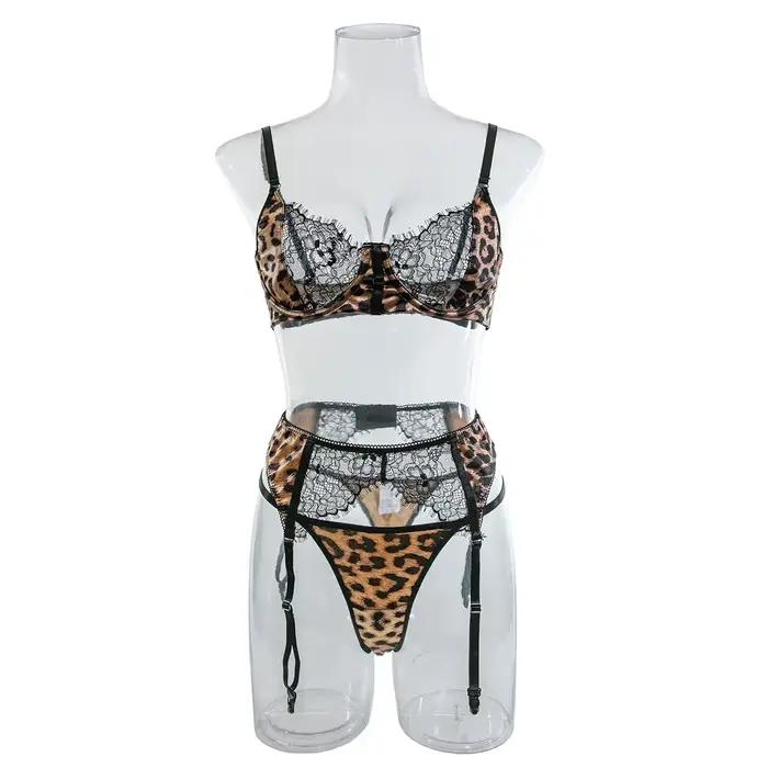 Ensemble de Lingerie Sexy en dentelle imprimée léopard sauvage pour femmes, ensemble trois pièces confortable, soutien-gorge et culotte, vêtements exotiques