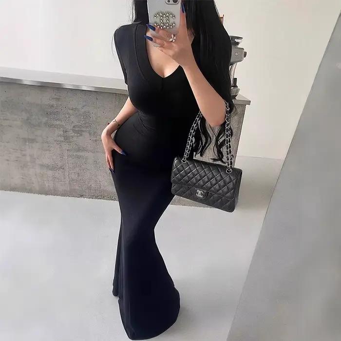 Kardashian Sexy manches courtes col en v minceur robe sirène longueur au sol portefeuille robe moulante femmes robe longue noire