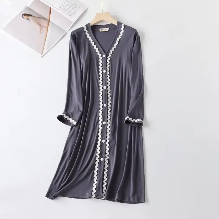 Vêtements de nuit en coton modal à manches longues et col en V pour femmes, robe de nuit en dentelle douce, chemise de nuit décontractée, vêtements de maison, printemps, automne