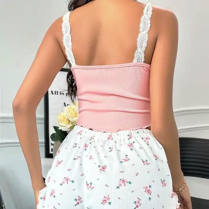 Femmes pyjama ensemble dentelle Patchwork col en v vêtements de nuit Sexy femme nuisettes costume Cami haut imprimé Shorts doux Pyjamas vêtements de détente 2psc