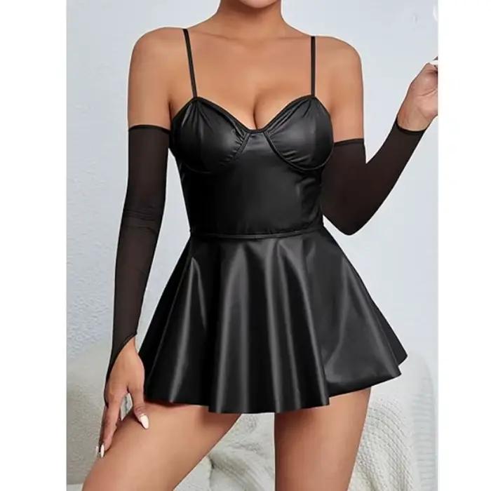 Veľká veľkosť pre ženy Sexy Wetlook kožené šaty s lesklými ramienkami Latex erotické
