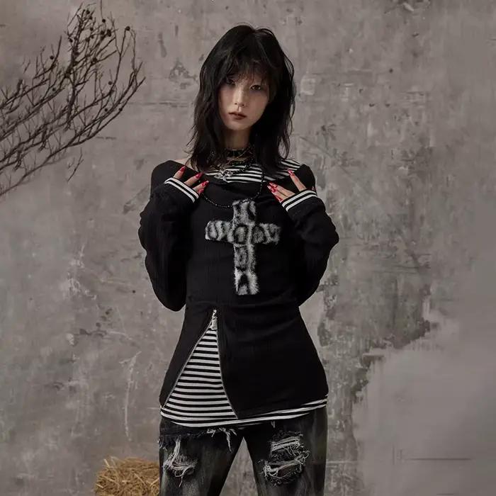 Haut grunge patchwork avec col fendu pour femmes, style Y2K rebelle pour printemps été