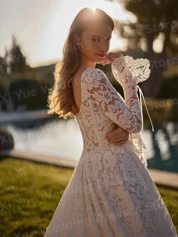 Robes de mariée luxueuses en dentelle à manches longues avec perles, style A-line, pour femmes, robes de mariée personnalisées, Robe De Mariée