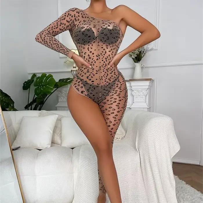 Résille Sexy porno sous-vêtements femmes body Lingerie léopard jambe unique body dentelle transparente érotique Lingerie Costumes