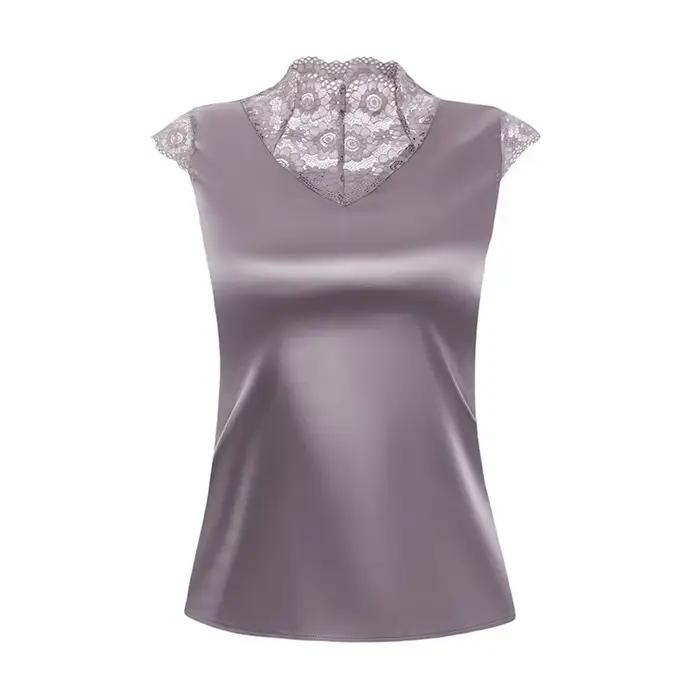 Blouse en soie et polyester patchwork élégante pour femme avec col roulé et dentelle pour occasions spéciales