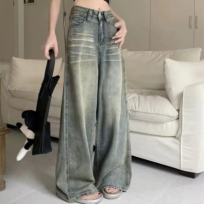 Y2K dámske džínsy voľný rovný strih Baggy široký